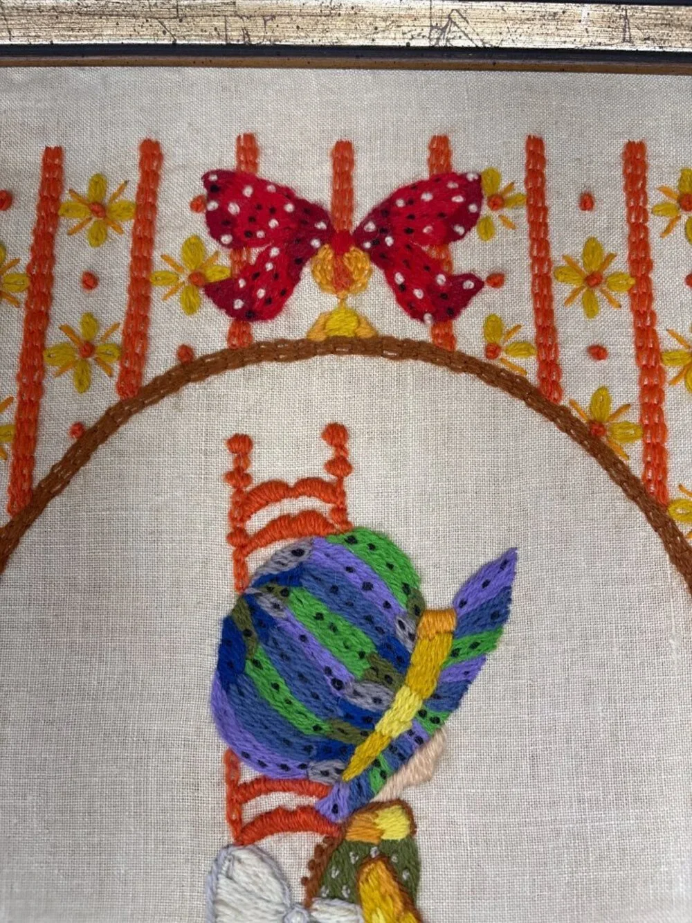 Framed Embroidered Girl on Chair Hat Bow Folk Art Wall Decor 21